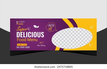 Super delicious fast food Facebook cover banner template. Food banner or poster design for online business marketing. Perfect for business branding,