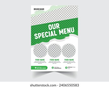 Una plantilla de afiche de comida rápida deliciosa. Banner de comida saludable y sabrosa, volante o diseño de afiches para marketing y promoción de negocios en línea. El restaurante ofrece un diseño de menú con el logotipo de la marca.