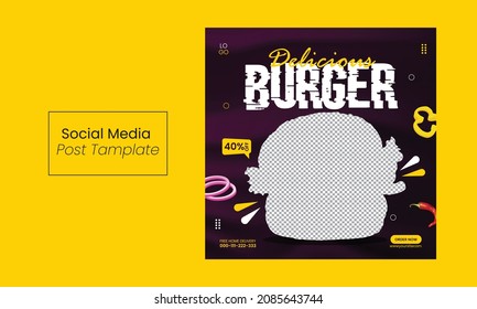 Super delicious fast food social media post template. Healthy and tasty food banner, flyer or poster design for online business marketing and promotion.Super Delicious Burger Flyer Design.