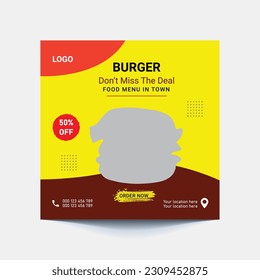 Super delicious fast food social media post template. Healthy and tasty food banner, flyer or poster design for online business marketing and promotion. Restaurant offer menu design with brand logo