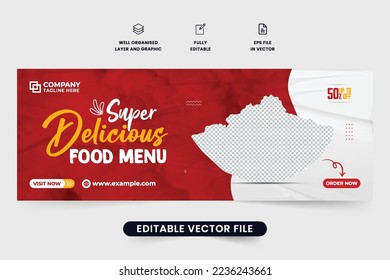 Super delicious food menu online advertisement banner design for social media marketing. Commercial web banner vector with red and yellow colors for restaurants. Food menu social media cover design.