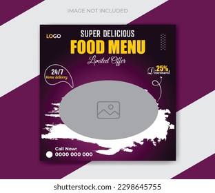 Super delicious food menu and restaurant business marketing social media post or web banner template design pizza, burger and pasta online sale promotion flyer or poster
