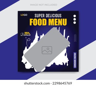 Super delicious food menu and restaurant business marketing social media post or web banner template design pizza, burger and pasta online sale promotion flyer or poster