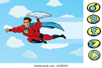 Super Delivery guy delivering pizza or anything else. With vector, pizza box is on a separate layer and can be removed for hand is fully drawn.