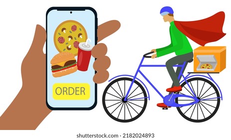 The super delivery man delivers the ordered food on a bike very quickly. Online food order and food delivery service. 