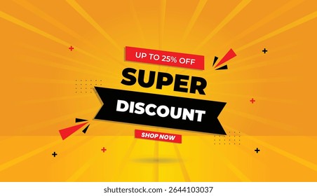 Super desconto até 25% off shop agora editável banner web vetor arte ilustração ícone design rótulo em formas vermelhas pretas com fundo abstrato amarelo laranja perfeito para a promoção de negócios em 4k qual