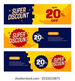 Super discount banners template for your future marketing campaigns. 20 percent discount. Red blue and yellow background