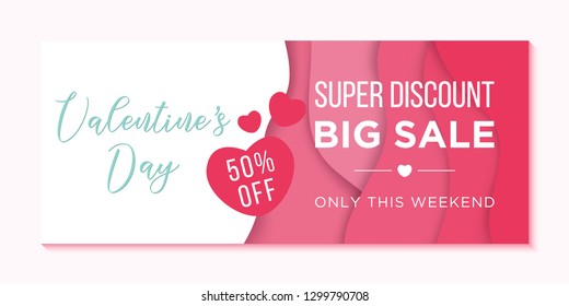 Super discount big sale horizontal banner to Valentine's Day Weekend. Abstract wavy shapes background