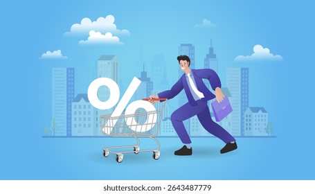 Super Discount Deal Concept. Man with Shopping Cart. Buying Goods on Shop Sale, Purchasing with Discount. Online grocery shopping. Order food online. Buy abstract concept vector illustration.