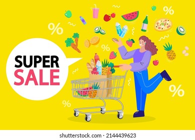 Super Discount Deal Konzept. Frau mit Warenkorb. Kaufen Sie Waren auf Shop-Verkauf, mit Rabatt kaufen. Online-Einkaufen. Bestellen Sie Lebensmittel online. Kaufen Sie abstrakte Konzept Vektorgrafik.