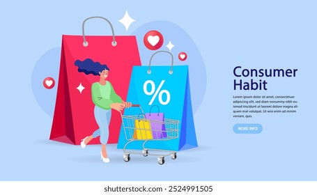 Super Discount Deal Concept. woman pushing shopping cart trolley with big percentage sign. Interest Rate Shopping. consumerism and people. Duty free. Illustrates sales cart discounts.