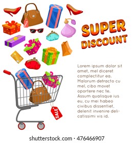 Super discount design with text shopping trolley different goods and packages on white background vector illustration 