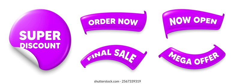 Super discount purple sticker, Sale offer ribbons. Final sale, Order now. Super discount tag. Sale sign. Advertising Discounts symbol. Sticker badge. Flag ribbon banners. Vector