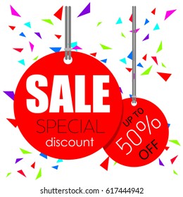 Super discount, sale, advantageous offer, postcard, vector, products, business background, gifts, abstraction