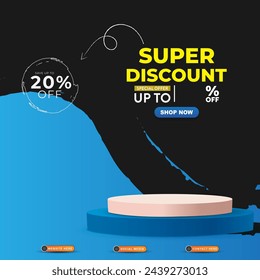 super discount sale template banner with blank space 3d podium for product sale with abstract gradient black and blue background design