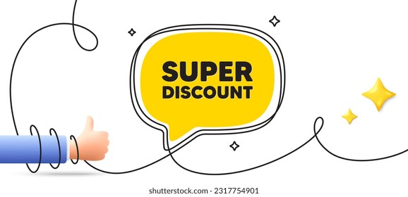 Super-Discount-Tag. Kontinuierliches Line Art Banner. Verkaufszeichen. Symbol für Werberabatte. Super-Discount-Sprechblase-Hintergrund. 3D geflogen wie ein Symbol. Vektorgrafik