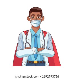 super doctor afro with hero cloak vs covid19 vector illustration design