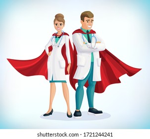 Super Doctor Cartoon Character. Superhero Doctor With Hero Cloaks. Healthcare Vector Concept. Medical Concept. First Aid. Healthcare Workers Vs Covid19