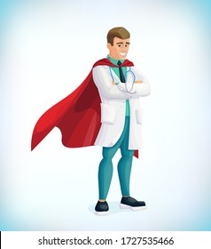 Super doctor cartoon character. Superhero doctor with hero cloaks. Healthcare vector concept. Medical concept. First aid. Healthcare workers vs covid19