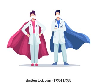 Ilustración conceptual del supermédico. Médicos hombres y mujeres con máscaras con manteles de superhéroes, héroes reales, brote de Coronavirus. Personal médico del hospital con máscaras y estetoscopio. Estilo plano vectorial