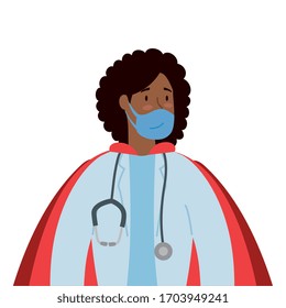 super doctor female afro with face mask and hero cloak vector illustration design