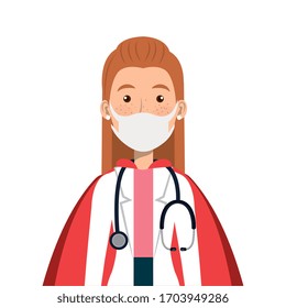 super doctor female with face mask and hero cloak vector illustration design