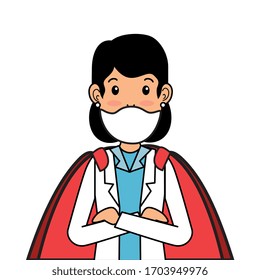 super doctor female with face mask and hero cloak vector illustration design