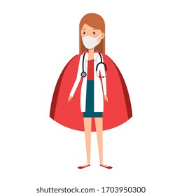 super doctor female with face mask and hero cloak vector illustration design