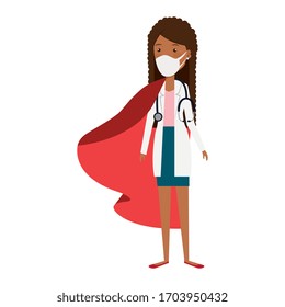 super doctor female with face mask and hero cloak vector illustration design