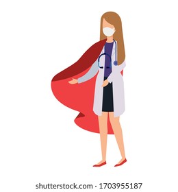 super doctor female with face mask and hero cloak vector illustration design