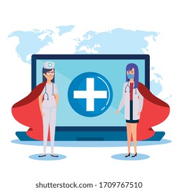 super doctor female and nurse with hero cloak and laptop vector illustration design