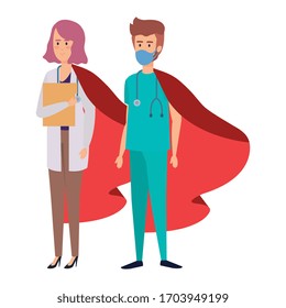 super doctor female and paramedic with hero cloak vector illustration design