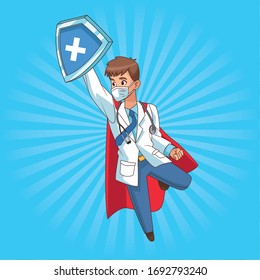 super doctor flying with shield vector illustration design vector illustration design