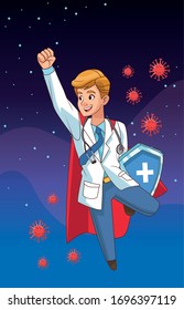 super doctor with hero cloak and shield vs covid19 vector illustration design