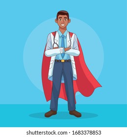 super doctor with hero cloak vs covid19 vector illustration design