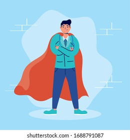 super doctor with hero cloak vs covid19 vector illustration design