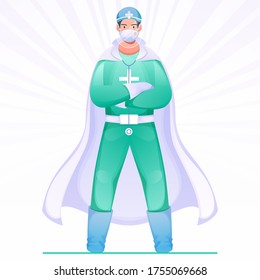 Super Doctor Hero wearing PPE Kit for Fighting the Coronavirus (Covid-19).