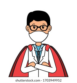 super doctor male with face mask and hero cloak vector illustration design
