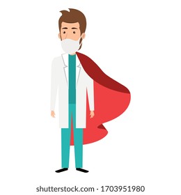 super doctor male with face mask and hero cloak vector illustration design