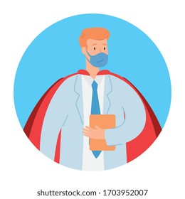 super doctor male with face mask and hero cloak vector illustration design