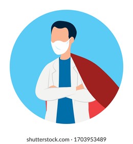 super doctor male with face mask and hero cloak vector illustration design