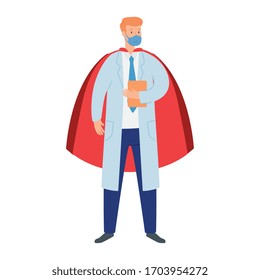 super doctor male with face mask and hero cloak vector illustration design