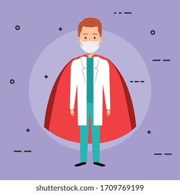 super doctor male with face mask and hero cloak vector illustration design