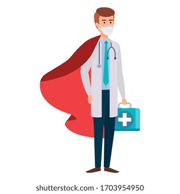 super doctor male with hero cloak and first aid kit vector illustration design