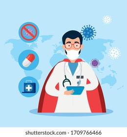 super doctor male with hero cloak and icons vector illustration design