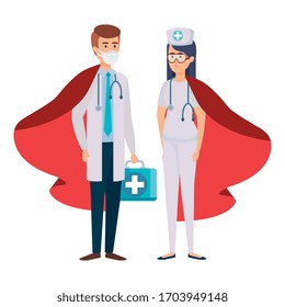 super doctor male and nurse with hero cloak