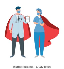 super doctor male and paramedic female with hero cloak vector illustration design