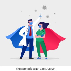 Super Doctor And Nurse Wearing Medical Masks And Capes, Superhero Couple, Vector Cartoon Illustration