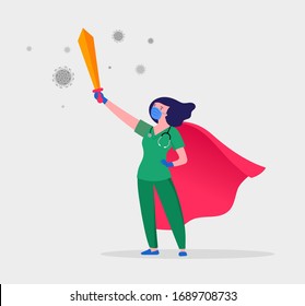 Super Doctor And Nurse Wearing Medical Masks And Capes, Superhero Couple, Vector Cartoon Illustration