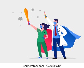 Super Doctor And Nurse Wearing Medical Masks And Capes, Superhero Couple, Vector Cartoon Illustration